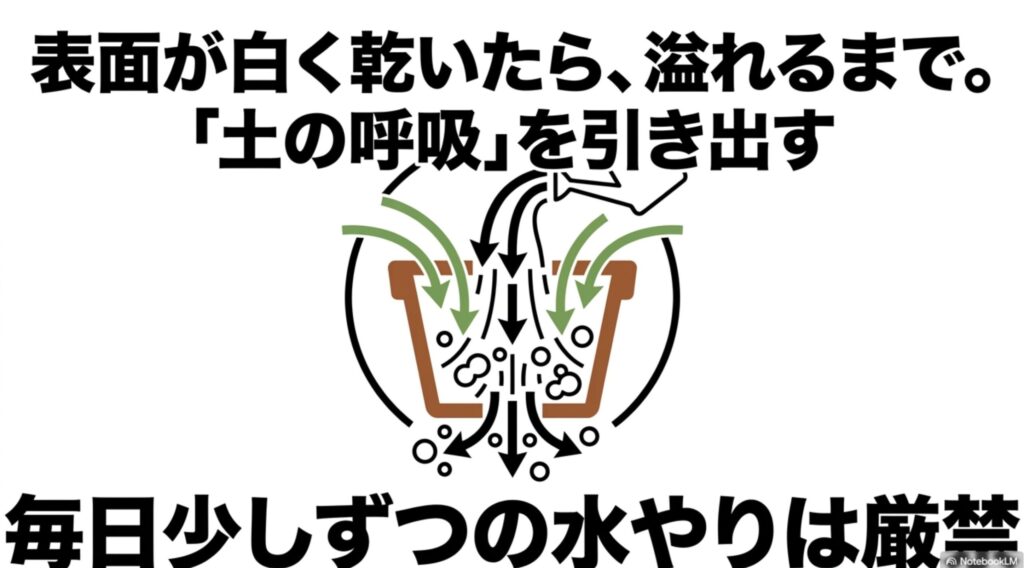 表面が白く乾いたら、溢れるまでたっぷりと。「土の呼吸」を引き出す水やりのイラスト。毎日少しずつの水やりは厳禁。