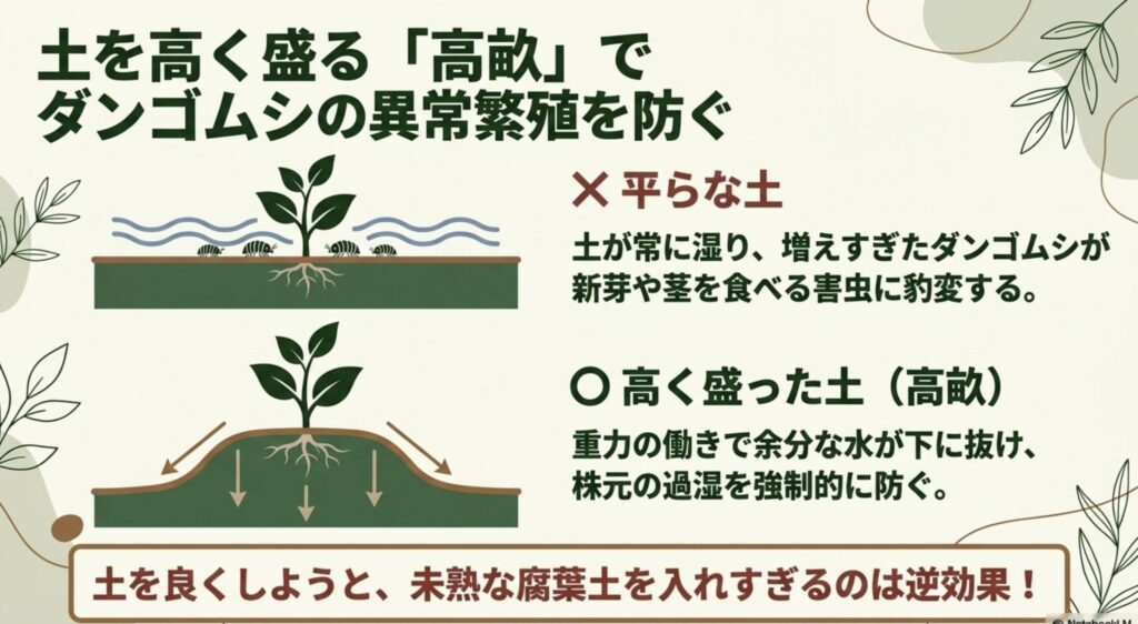 土を高く盛る「高畝」でダンゴムシの異常繁殖を防ぐ。重力で余分な水を抜き、株元の過湿を防ぐ。