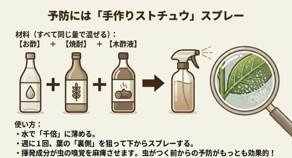 お酢、焼酎、木酢液を同じ量で混ぜて作る、ストチュウスプレーの作り方と使い方のイラスト