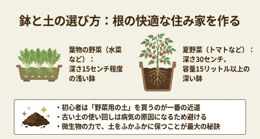 鉢と土の選び方。葉物野菜には浅い鉢、夏野菜には深い鉢を選び、古い土の使い回しを避けて微生物の力でふかふかに保つ
