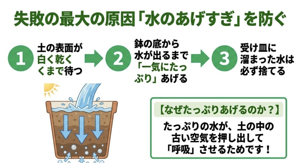 土の表面が白く乾くまで待つなど、プランター栽培で失敗の最大の原因となる「水のあげすぎ」を防ぐ正しい水やりの手順を解説したスライド