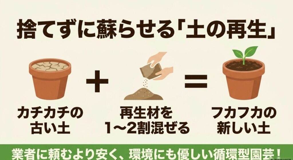 カチカチの古い土に再生材を1〜2割混ぜることでフカフカの新しい土に蘇る様子