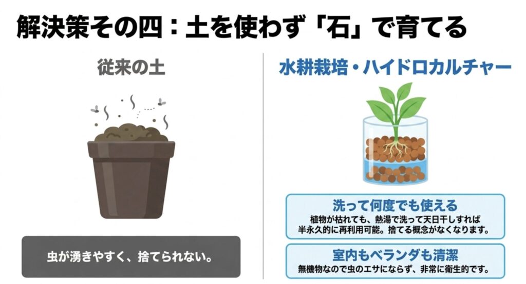 土の代わりにハイドロボールと水で清潔に植物を育てるハイドロカルチャーの図