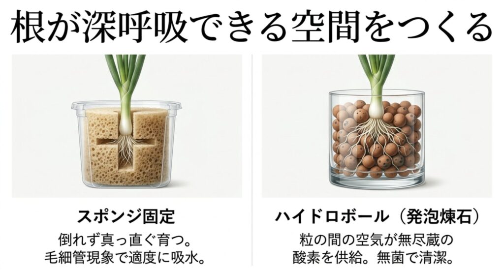 スポンジやハイドロボールを使ってネギの根が深呼吸できる空間を作る方法。倒れず真っ直ぐ育ち、酸素を供給できる。