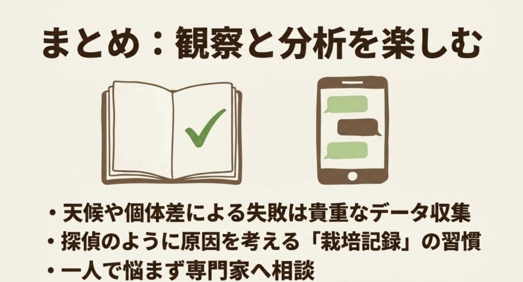 栽培記録をつけることの重要性や専門家への相談など、野菜づくりの失敗から学ぶポイントをまとめたスライド