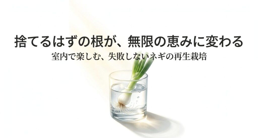 室内で楽しむネギの再生栽培のタイトルスライド。捨てるはずの根が無限の恵みに変わるというメッセージ。