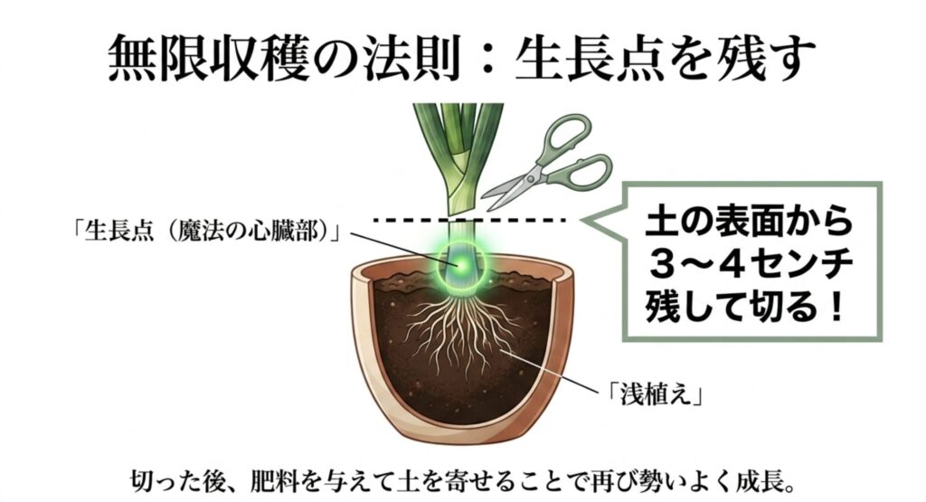 土耕栽培でネギを長く収穫するコツ。土の表面から3〜4センチの生長点を残して切ることで、再び勢いよく成長する。