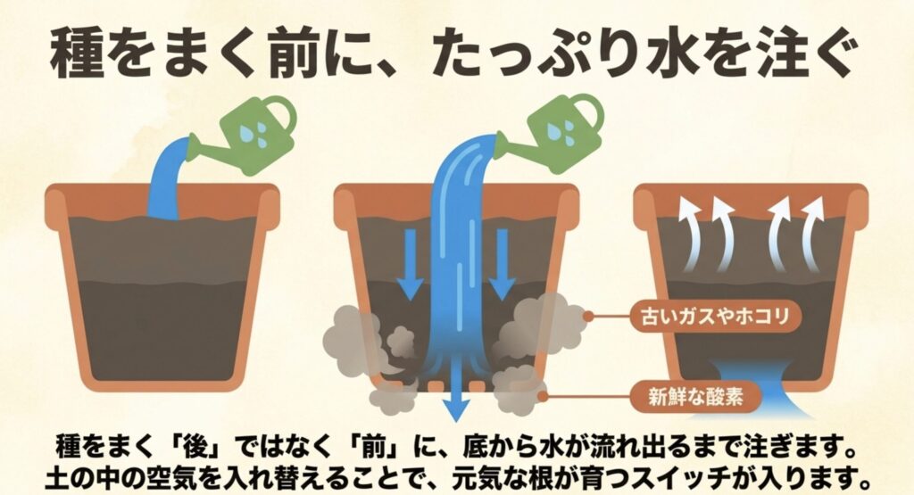 種をまく前にたっぷり水を注ぎ、土の中の古いガスを新鮮な酸素に入れ替える仕組み