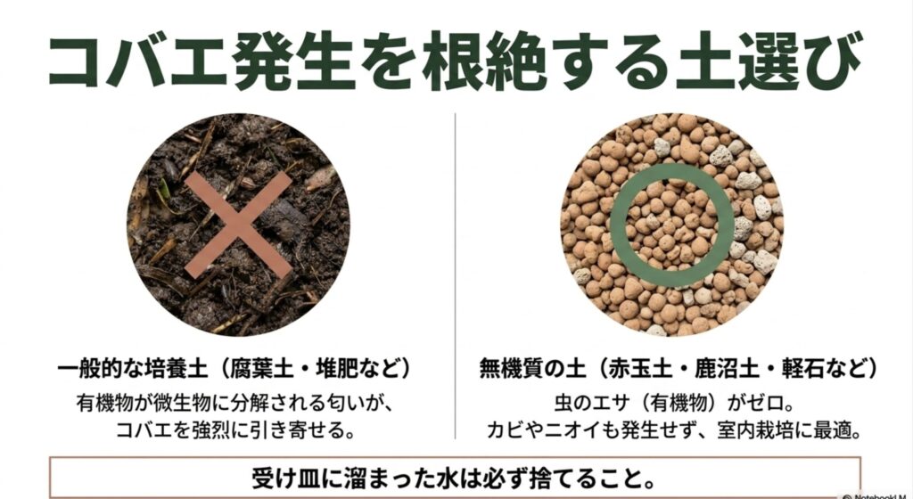 コバエ発生を根絶する土選び。有機物を含む一般的な培養土は避け、虫のエサがない赤玉土などの無機質の土を選ぶ。