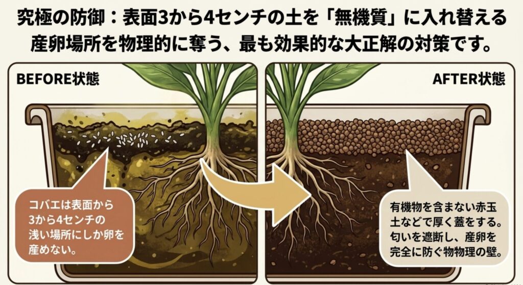 表面3から4センチの土を有機物を含まない赤玉土に入れ替えて産卵を物理的に防ぐ手順