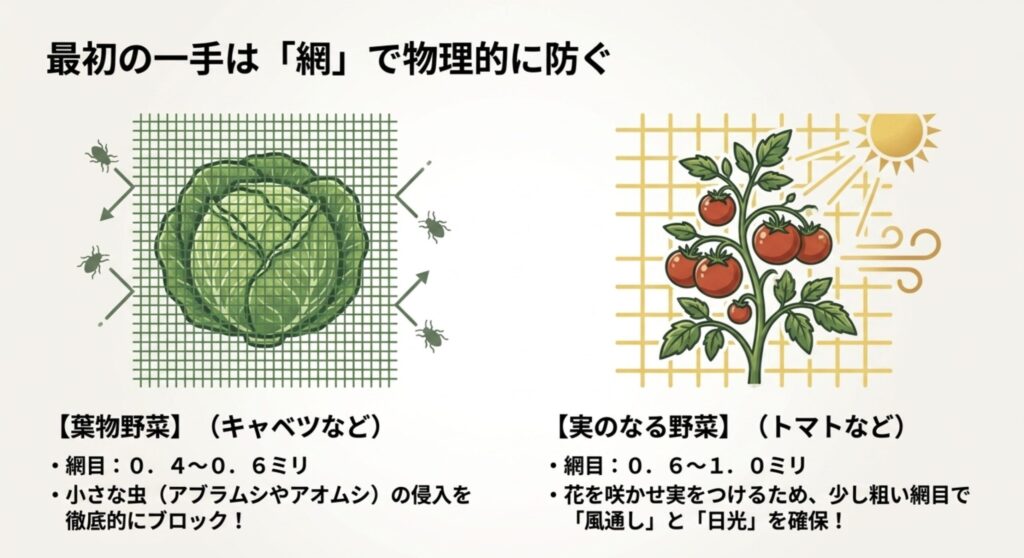 キャベツなどの葉物野菜やトマトなどの実のなる野菜に防虫ネットを使い、物理的に虫を防ぐ方法のイラスト