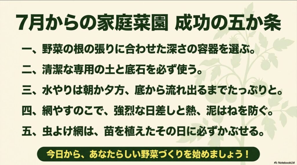 7月からの家庭菜園 成功の五か条。プランターの深さ選び、専用の土と底石、水やりのタイミング、日差しや泥はねの対策、虫よけ網に関する5つの基本ポイントのまとめ。
