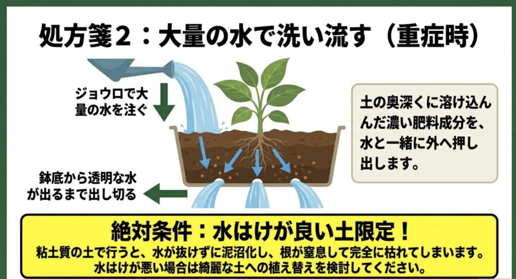 重症時にプランターへジョウロで大量の水を注ぎ、鉢底から透明な水が出るまで土の奥深くの濃い肥料成分を外へ押し出すリーチングの手順図。