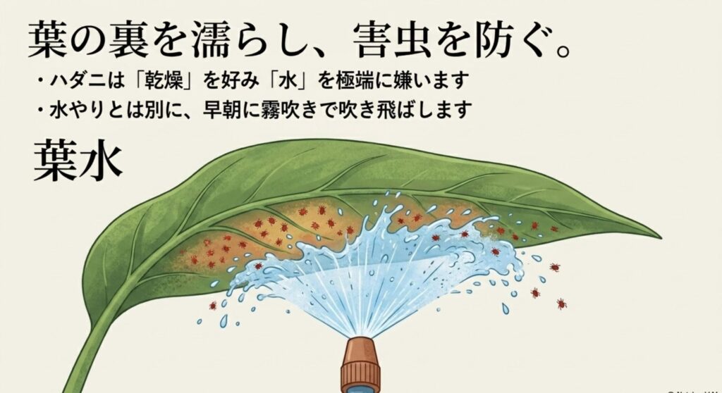 乾燥を好むハダニを水圧で吹き飛ばし予防する葉水の方法