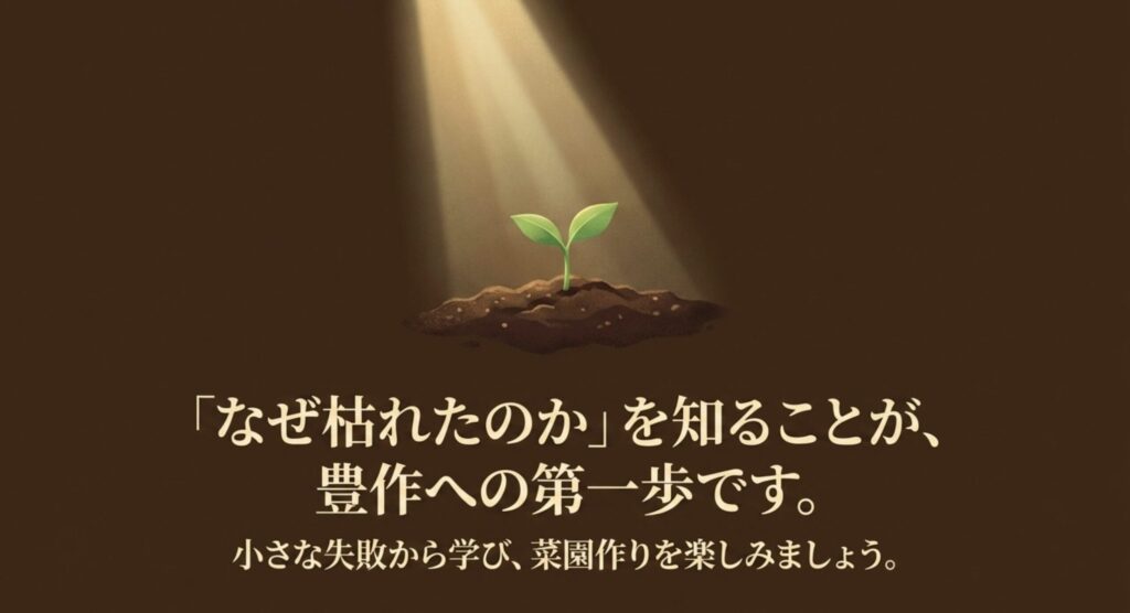 なぜ枯れたのかを知ることが豊作への第一歩であると伝えるメッセージ