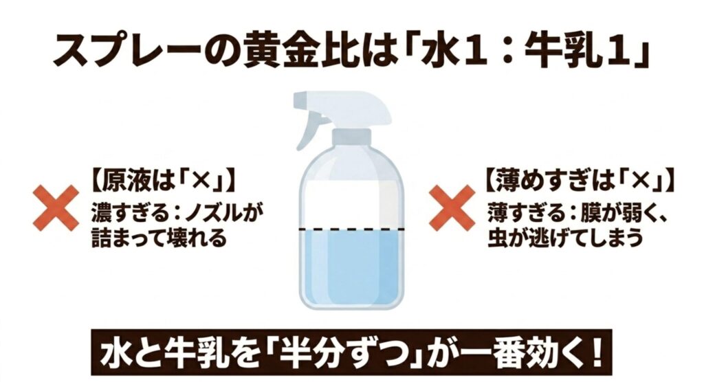アブラムシ対策の牛乳スプレーは、原液や薄めすぎを避け、水と牛乳を半分ずつ混ぜるのが一番効く