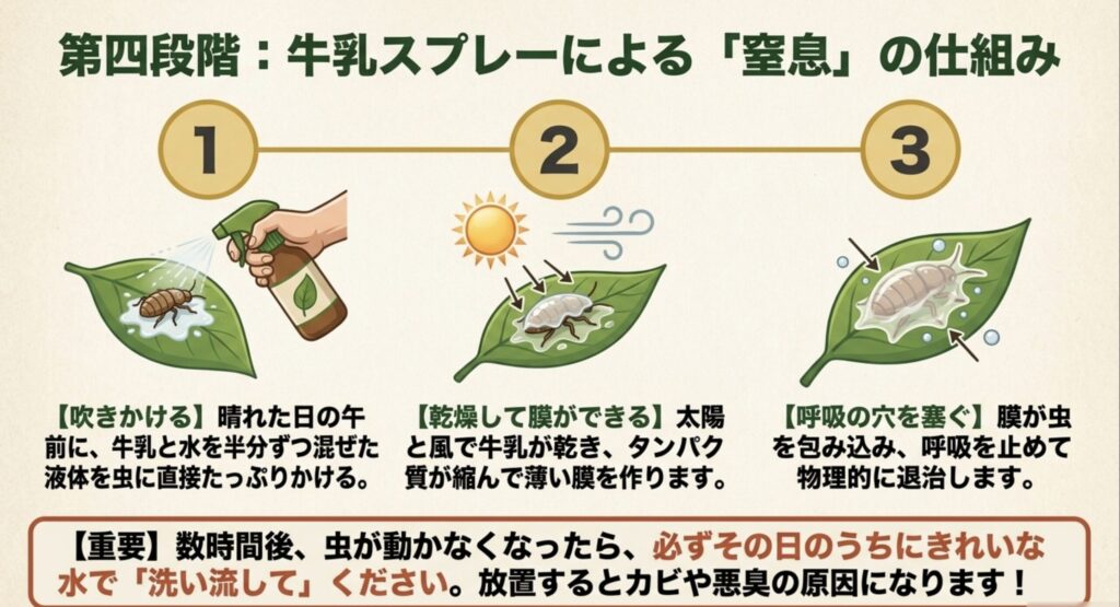 第四段階の対策として、牛乳スプレーを使ってアブラムシなどを窒息させる仕組みを図解。牛乳の膜で呼吸の穴を塞ぐ原理と、使用後に水できれいに洗い流す重要性を説明しています。