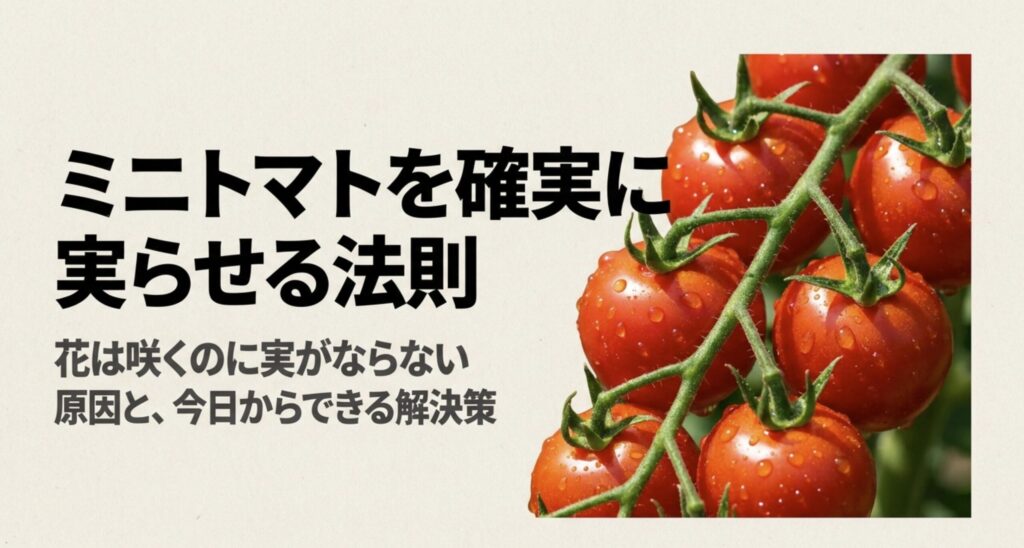 水滴がついた新鮮なミニトマトと、「ミニトマトを確実に実らせる法則」というタイトル文字