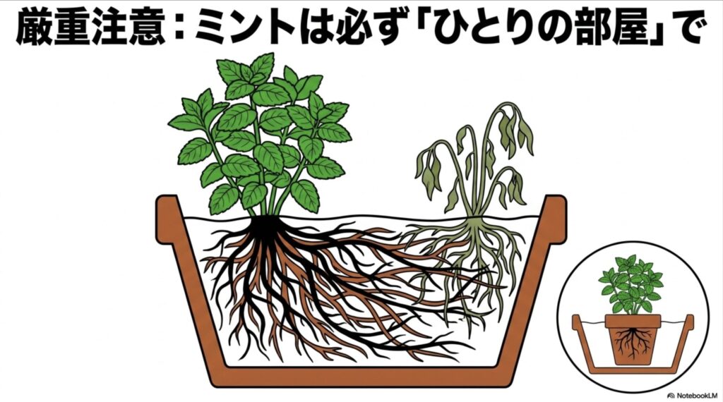 厳重注意：ミントは必ず「ひとりの部屋」で。驚異的な繁殖力で他の植物の根を侵食するイラスト。