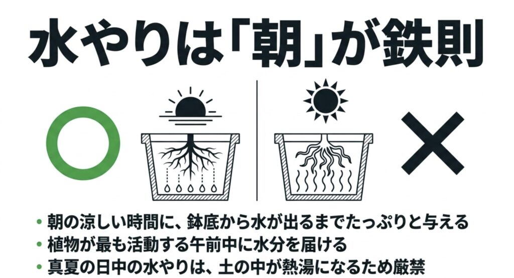 プランターの水やりは植物が活動する朝の涼しい時間にたっぷりと与え、真夏の日中を避けるという鉄則