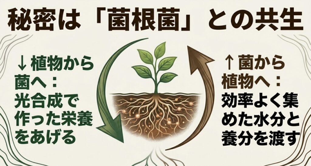 植物が光合成で作った栄養を菌へあげ、菌が効率よく集めた水分と養分を植物へ渡す仕組み