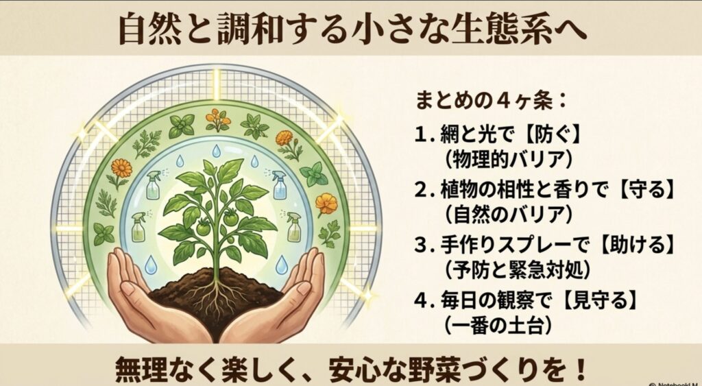 網と光で防ぐ、相性と香りで守るなど、自然と調和する小さな生態系へ向けたまとめの4ヶ条のイラスト