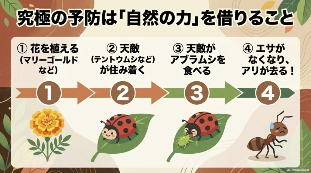 究極の予防は自然の力を借りること。マリーゴールドなどの花を植えて天敵を呼び寄せ、アブラムシを食べさせることでアリを遠ざける仕組み。