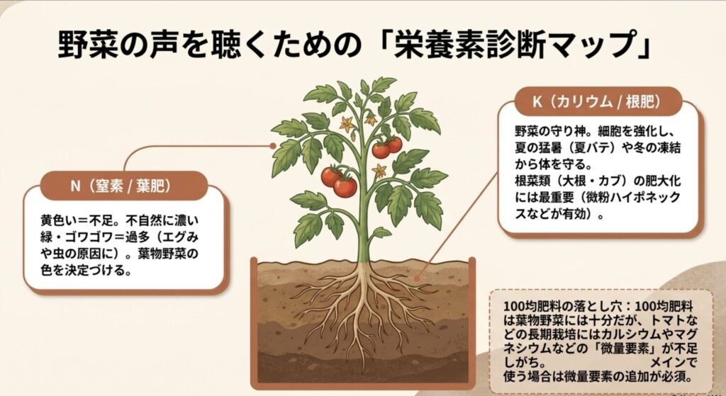 窒素（葉肥）とカリウム（根肥）の過不足サインと、100均肥料を使う際に不足しがちな微量要素について解説したスライド。