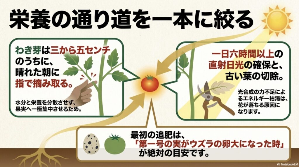 わき芽かきの手順、直射日光の確保と摘葉、最初の追肥のタイミングを示すイラスト