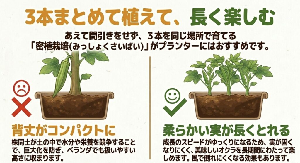 3本の苗を1箇所にまとめて植えることでコンパクトに育て、収穫期間を長くし実を柔らかく保つ密植栽培の解説。