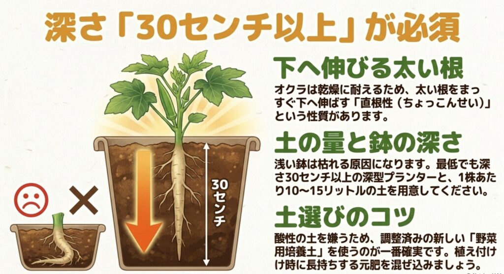 オクラの直根性の特徴と、深さ30cm以上のプランターが必要な理由、土選びのコツを解説した図解。