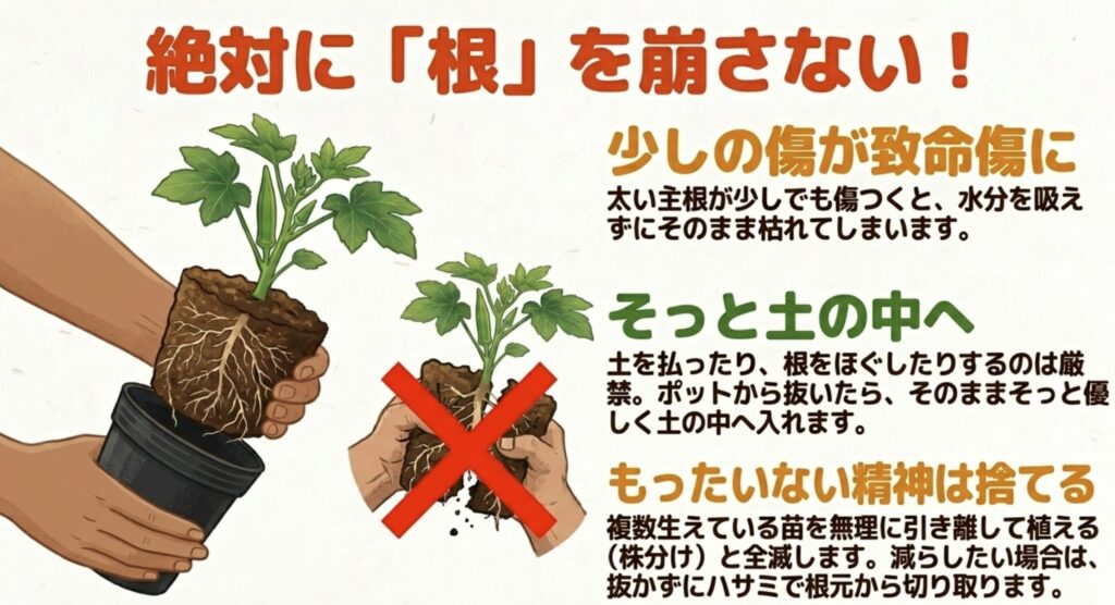 植え付け時に根を崩してはいけない理由と、無理な株分けが厳禁であることを示す定植時の注意点。