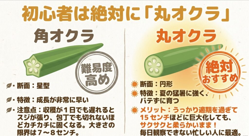 収穫が遅れても柔らかい丸オクラと、固くなりやすく難易度が高い角オクラのメリット・デメリットを比較したスライド。