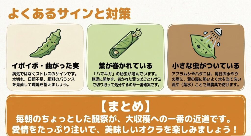イボ果や曲がり果のストレスサイン、ハマキガやアブラムシへの無農薬対策をまとめたスライド。日々の観察が大収穫の秘訣であることを強調。