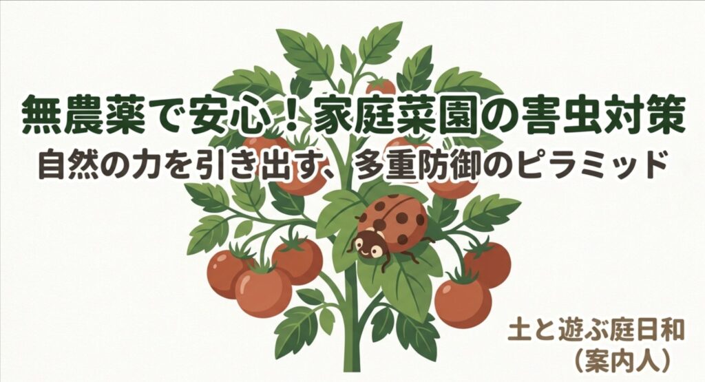 無農薬で安心な家庭菜園の害虫対策について解説するスライドのタイトル画像。「自然の力を引き出す、多重防御のピラミッド」というコンセプトを紹介しています。