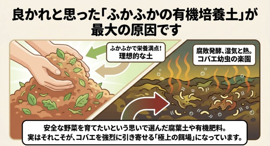 ふかふかの有機培養土が腐敗発酵しコバエ幼虫の極上の餌場になる図解