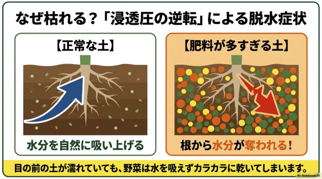 正常な土と肥料が多すぎる土を比較し、浸透圧の逆転によって根から水分が奪われ、目の前の土が濡れていても野菜がカラカラに乾いてしまうメカニズムを図解した画像。
