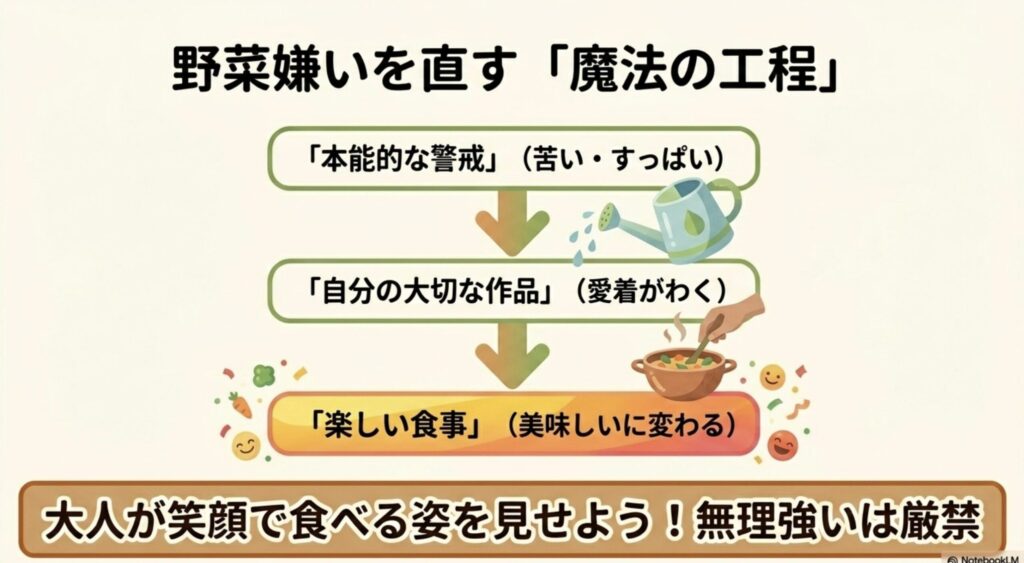 本能的な警戒から愛着のある自分の作品へと変化し、楽しい食事へと繋がる過程と、大人が笑顔で食べる重要性の図解