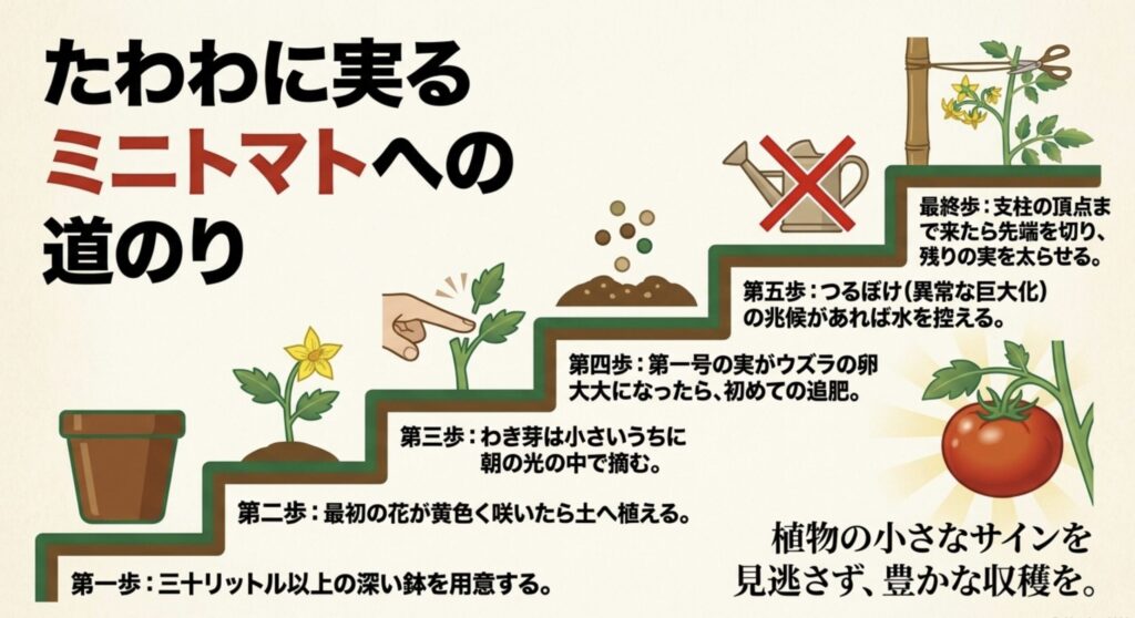 鉢の準備から定植、わき芽かき、追肥、つるぼけ対処、摘心に至るまでの栽培ステップをまとめた図