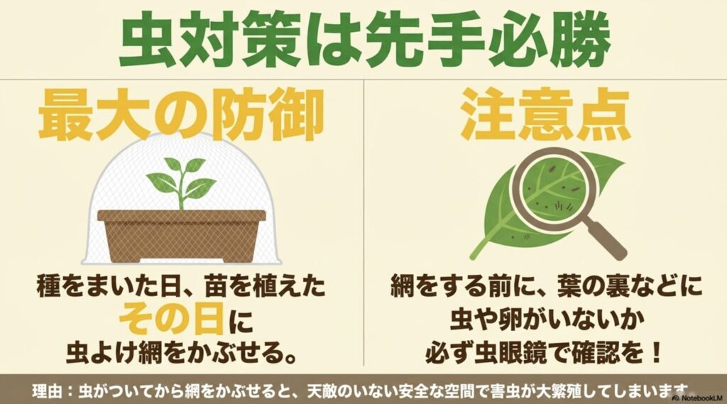 虫対策は先手必勝。種まきや苗植えの当日に防虫ネットを被せる重要性と、事前に葉の裏を虫眼鏡で確認する注意点の解説。