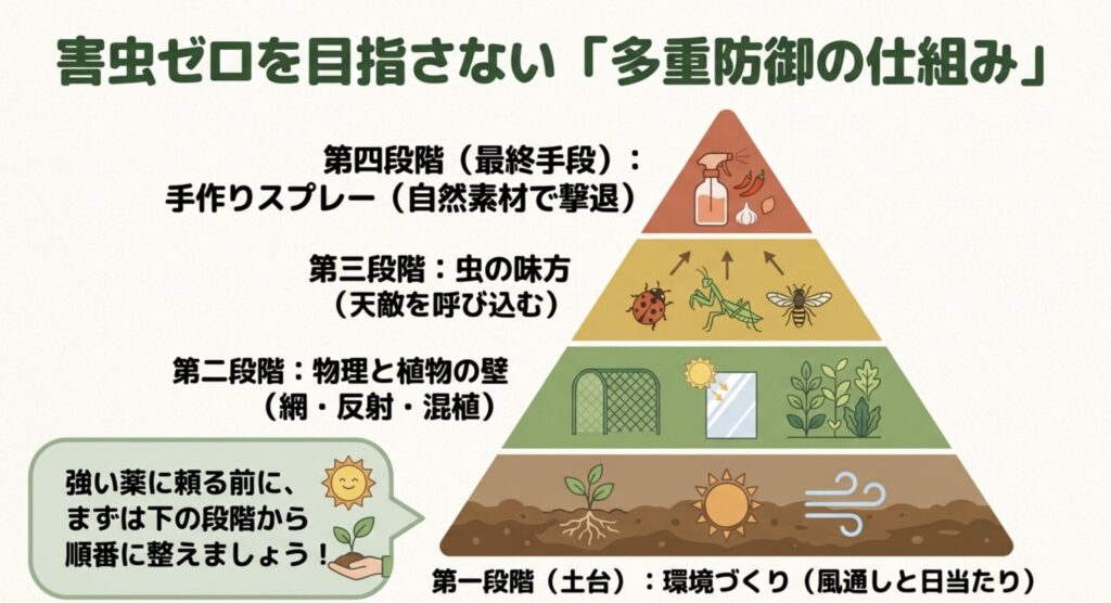 害虫ゼロを目指さない「多重防御の仕組み」を図解したピラミッド。環境づくり、物理と植物の壁、天敵の活用、手作りスプレーの4段階で構成されています。