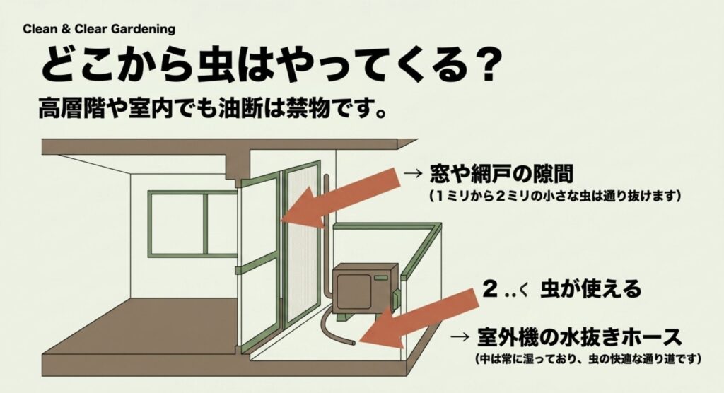 どこから虫はやってくる? 窓や網戸の隙間、室外機の水抜きホースなどから侵入するため、高層階や室内でも油断は禁物です。