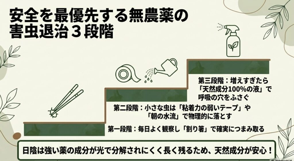 安全を最優先する無農薬の害虫退治3段階。割り箸での捕獲、テープや水流での物理的除去、天然成分100%の液の活用。