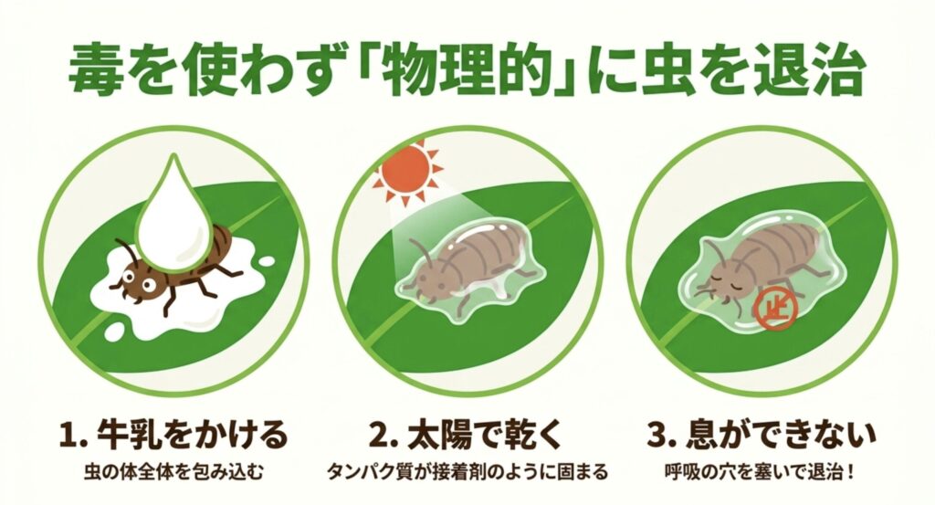 牛乳をかけて乾かすとタンパク質が接着剤のように固まり、アブラムシの呼吸穴を塞いで物理的に退治できる