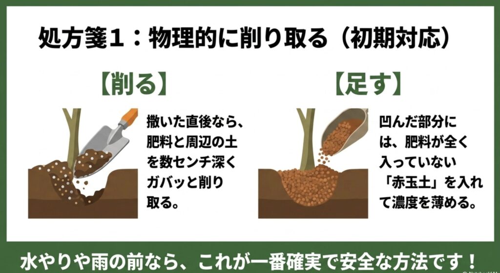撒いた直後の肥料を周辺の土ごとスコップで数センチ深く削り取り、凹んだ部分に肥料が全く入っていない赤玉土を足して濃度を薄める手順を描いたイラスト画像。