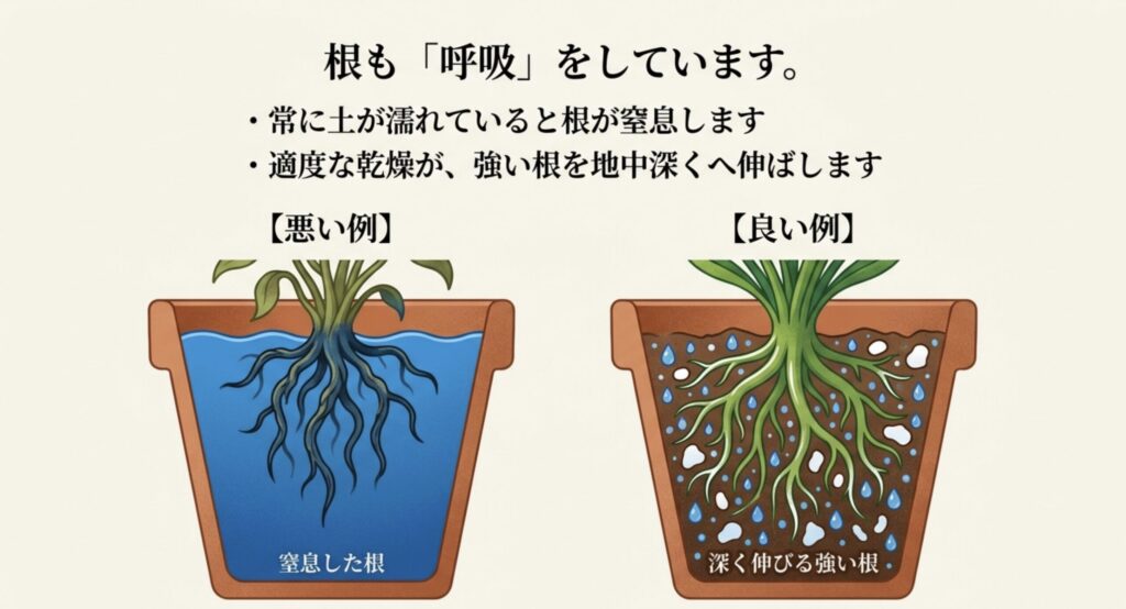 土が常に濡れていると根が窒息し、適度な乾燥が強い根を育てる仕組みの図解