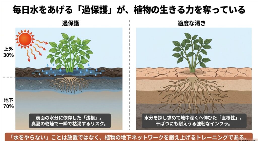 ディープルーツ型、貯水タンク型、装甲葉型の3つの植物が乾燥に耐えるメカニズムのイラスト解説。