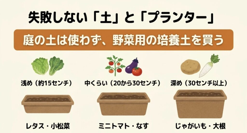 育てる野菜に合わせた浅め・中くらい・深めのプランターの選び方と、野菜用培養土の使用を推奨する図解