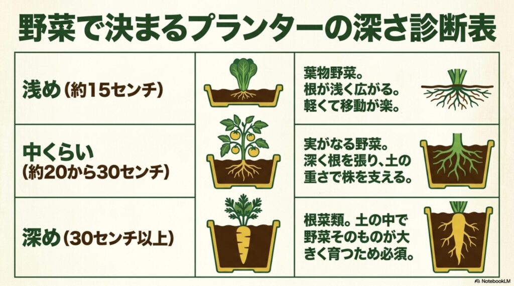 野菜で決まるプランターの深さ診断表。浅め（葉物野菜）、中くらい（実がなる野菜）、深め（根菜類）の深さの目安と適した野菜の図解。