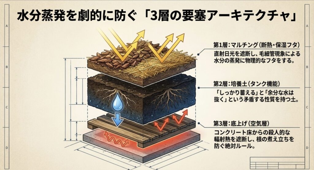 マルチング、培養土、底上げの3層構造でプランターの水分蒸発と輻射熱を防ぐアーキテクチャの解説図。